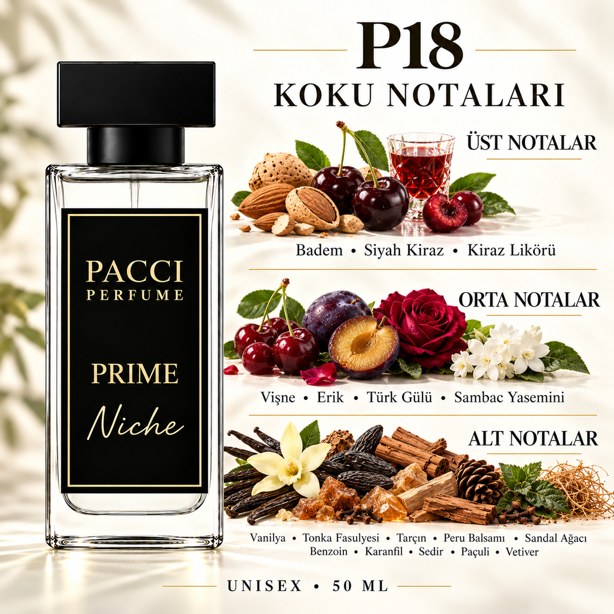 PACCI P18 niche unisex parfüm – siyah kiraz, badem ve vanilya notaları