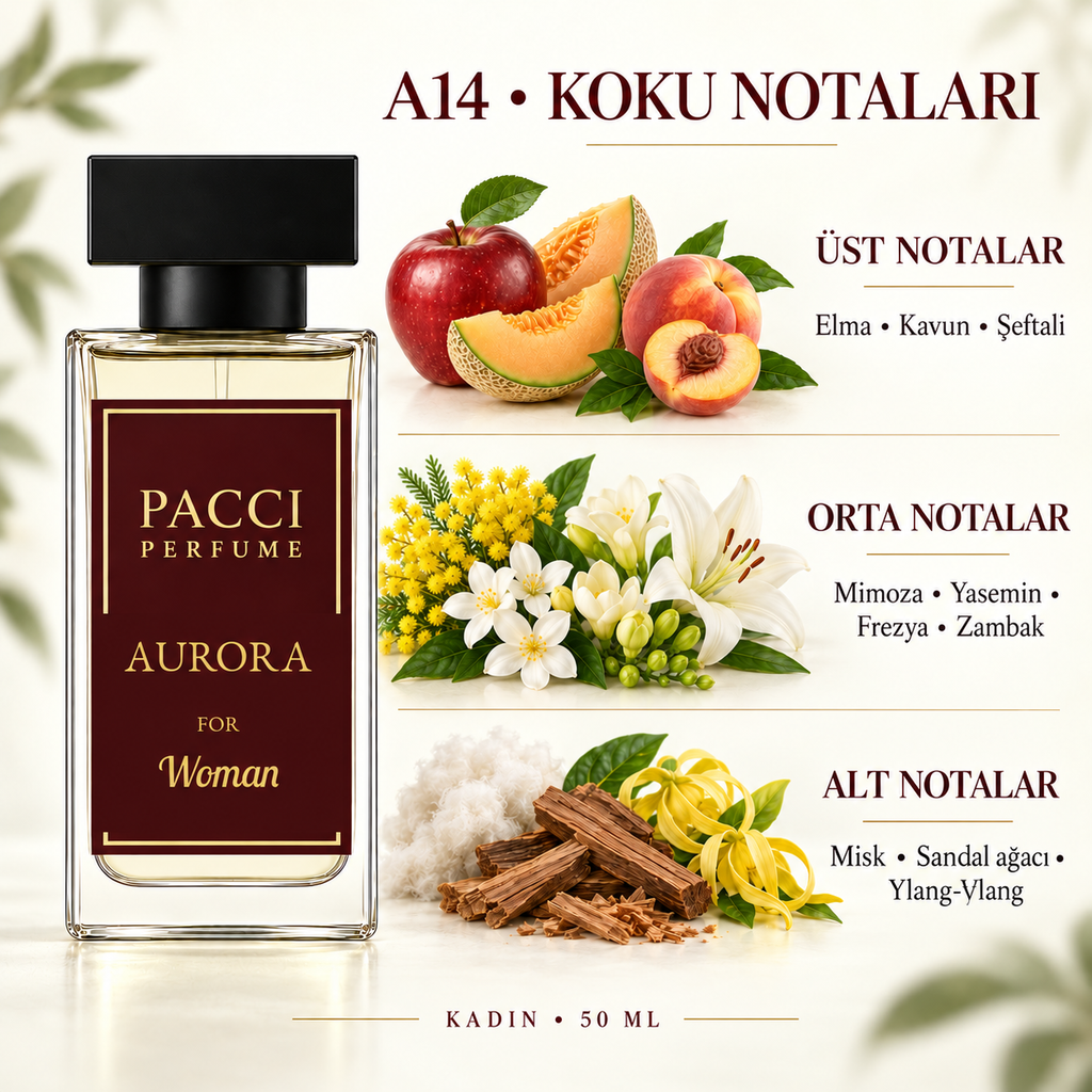 PACCI A14 kadın parfümü – elma, şeftali ve mimoza notaları
