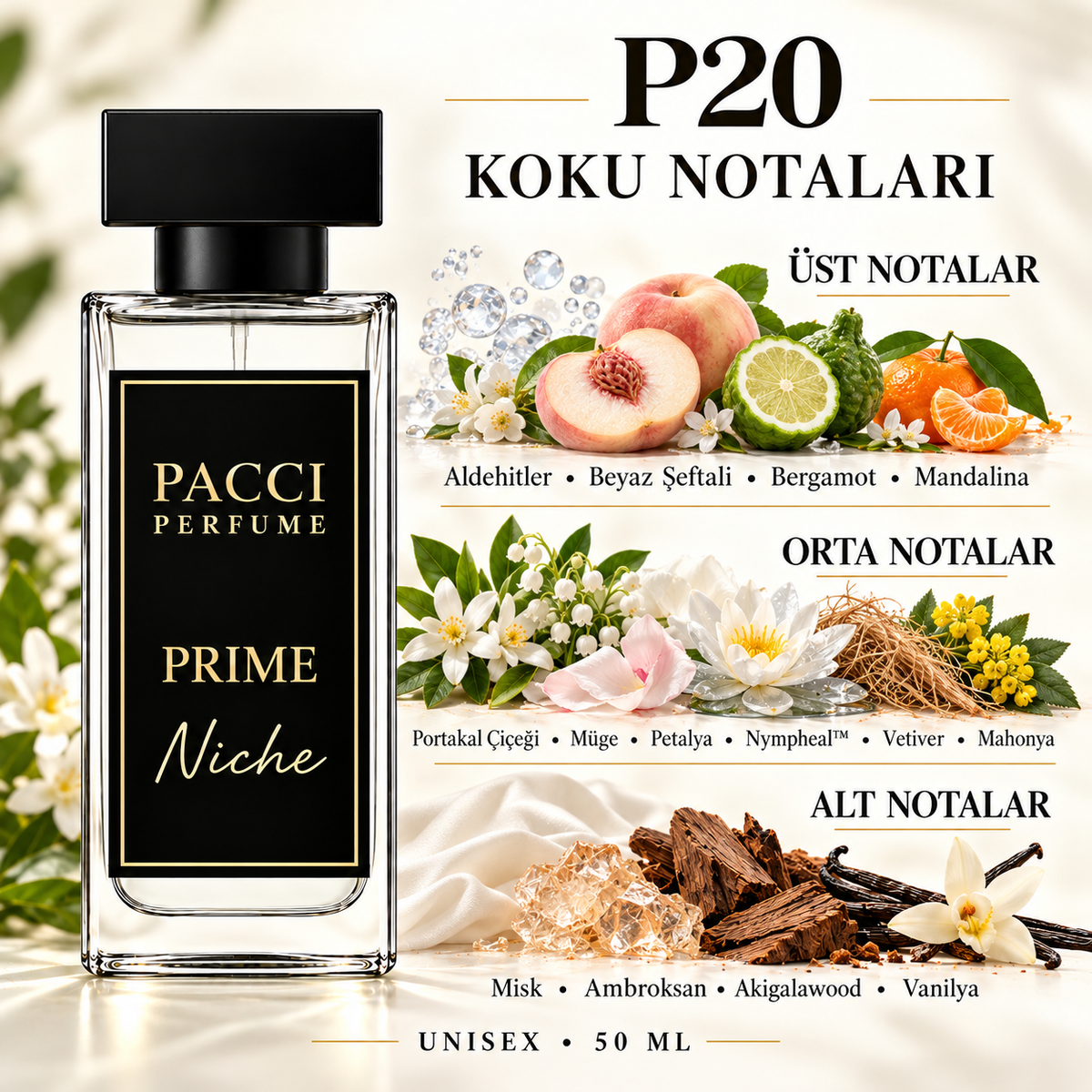 PACCI P20 niche unisex parfüm – beyaz şeftali, portakal çiçeği ve misk notaları