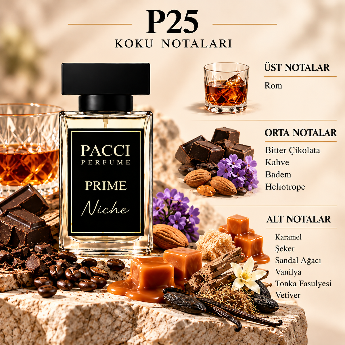 PACCI P25 niche unisex parfüm – rom, bitter çikolata ve karamel notaları