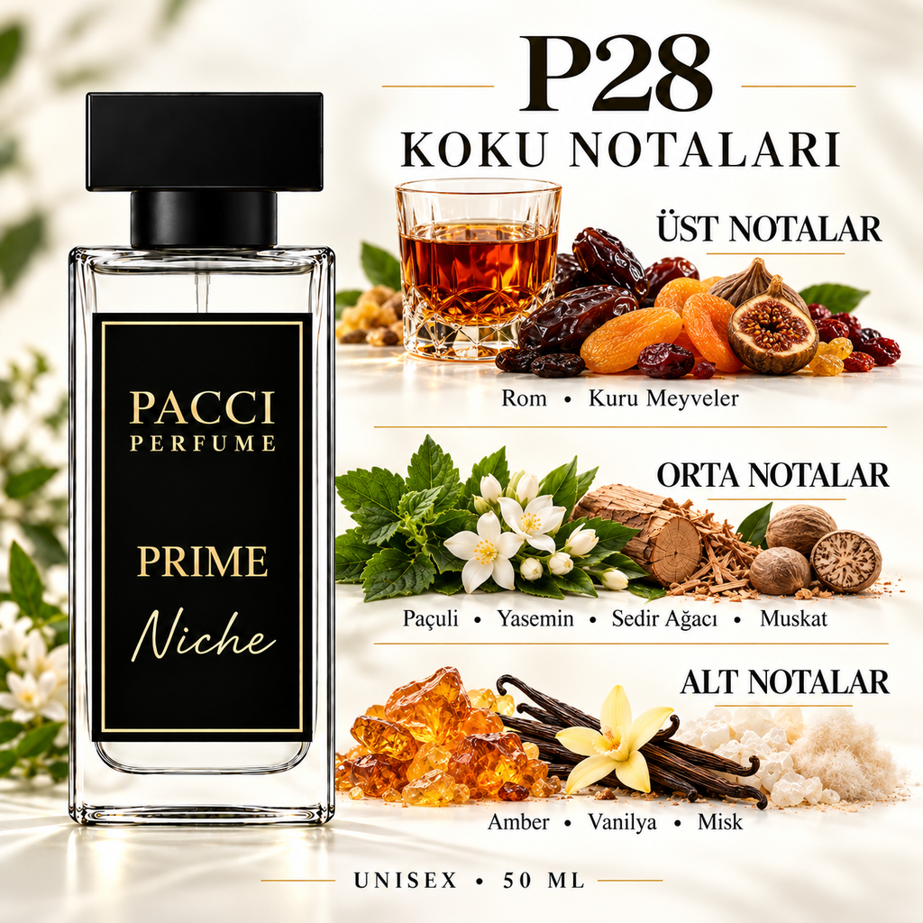 PACCI P28 niche unisex parfüm – rom, paçuli ve vanilya notaları