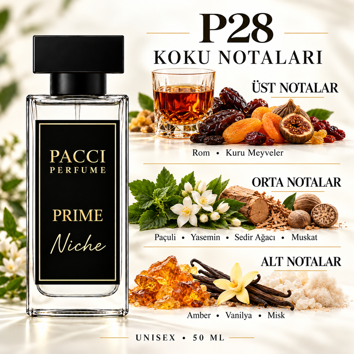 PACCI P28 niche unisex parfüm – rom, paçuli ve vanilya notaları