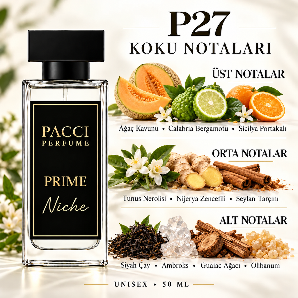 PACCI P27 niche unisex parfüm – bergamot, siyah çay ve guaiac ağacı notaları