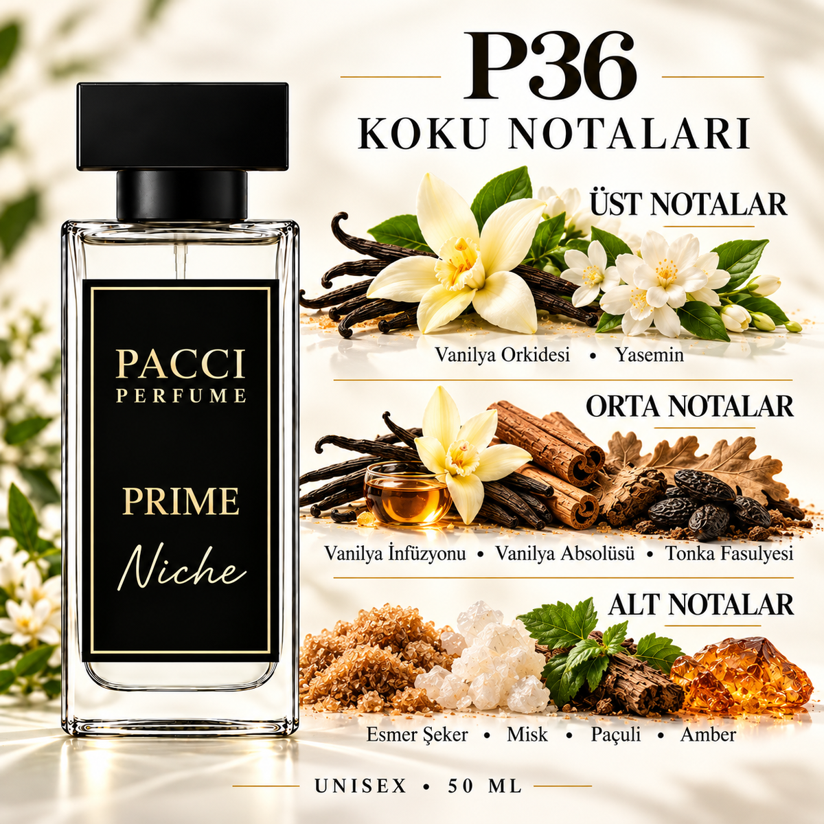 PACCI P36 niche unisex parfüm – vanilya orkidesi, esmer şeker ve amber notaları