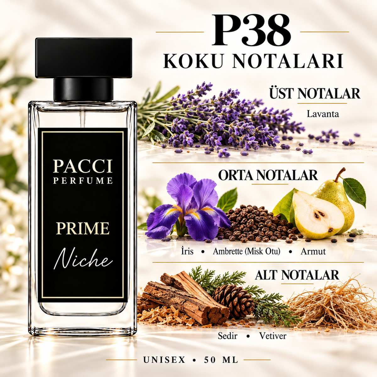 PACCI P38 niche unisex parfüm – lavanta, iris ve vetiver notaları