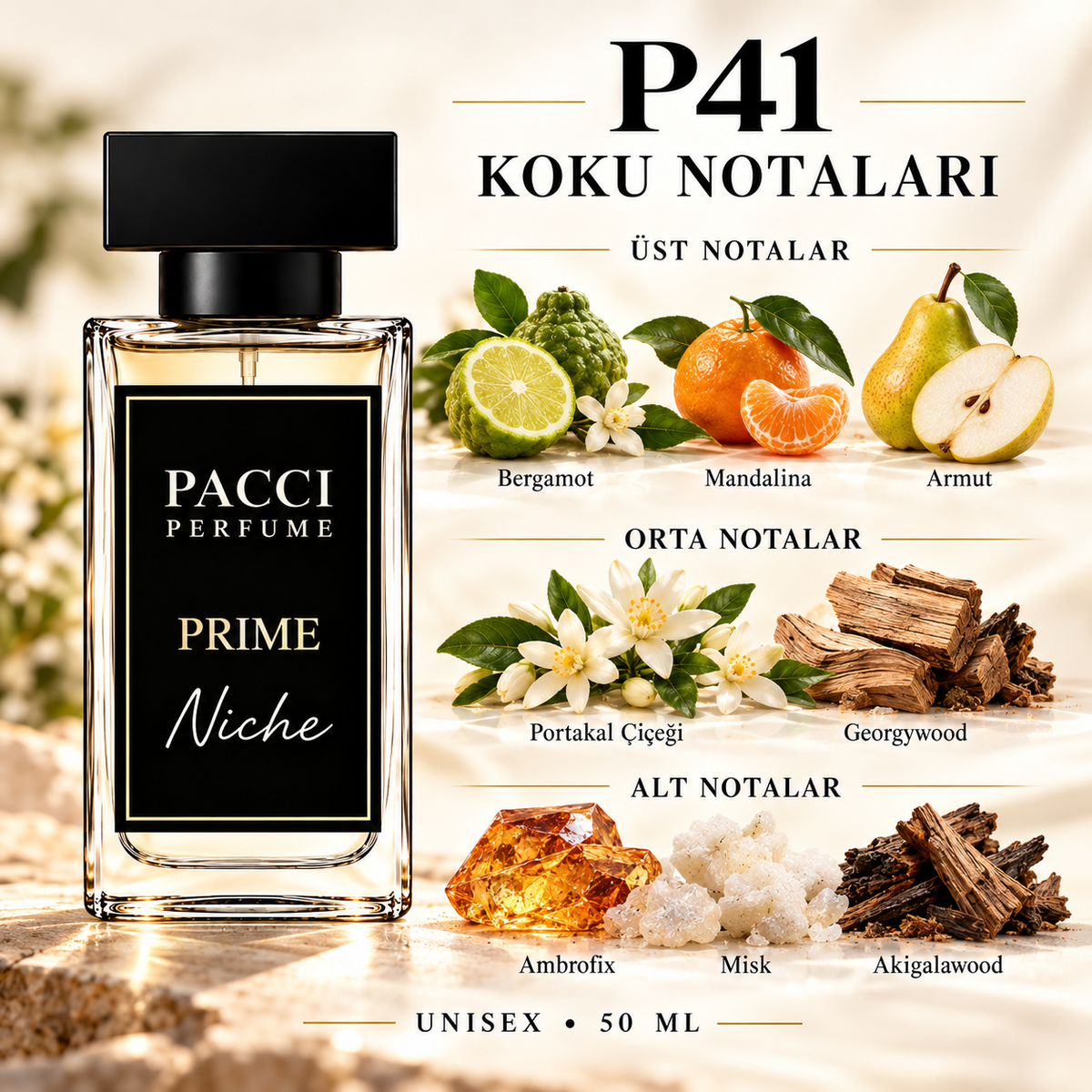 PACCI P41 niche unisex parfüm – armut, portakal çiçeği ve misk notaları