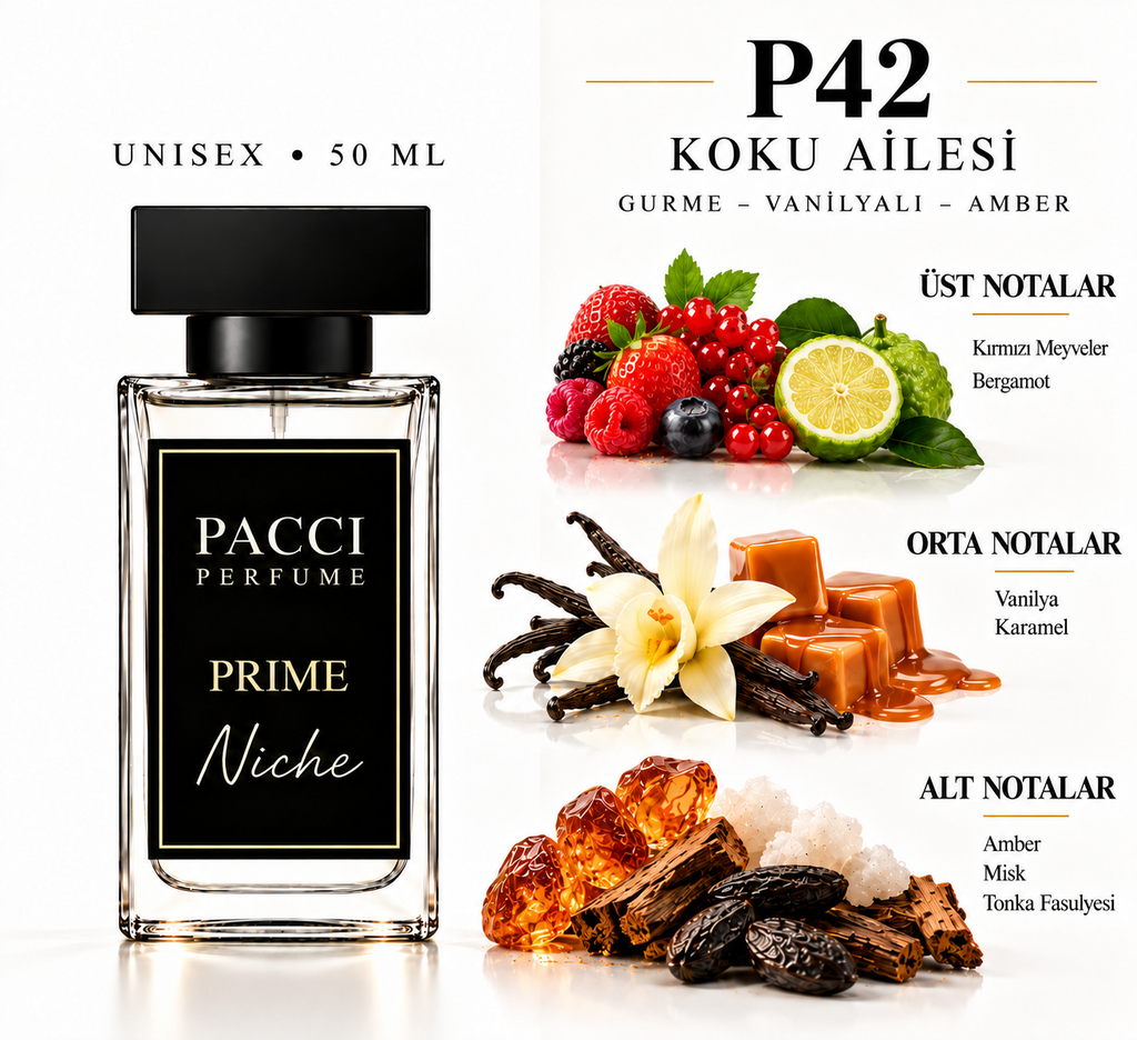 PACCI P42 niche unisex parfüm – kırmızı meyveler, karamel ve tonka notaları