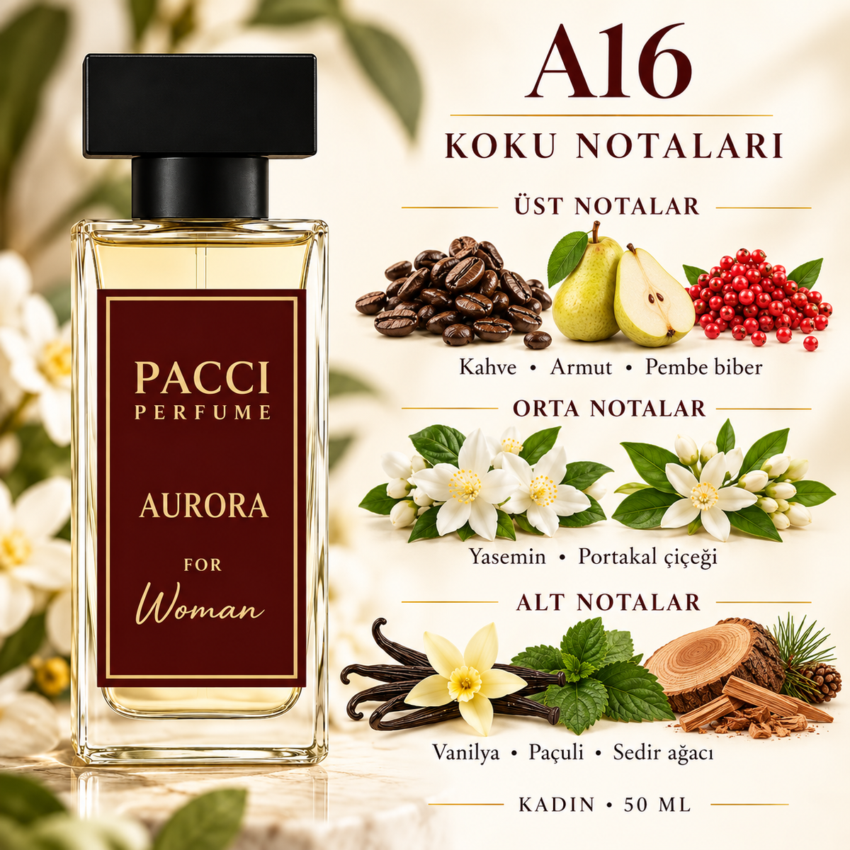 PACCI A16 kadın parfümü – kahve, yasemin ve vanilya notaları