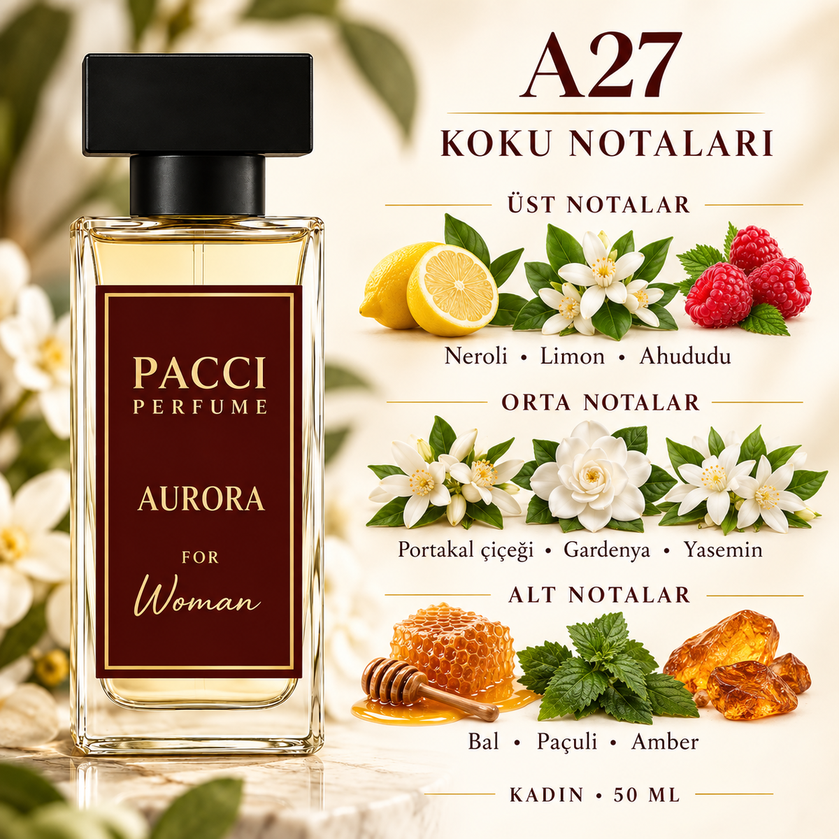 PACCI A27 kadın parfümü – ahududu, gardenya ve bal notaları