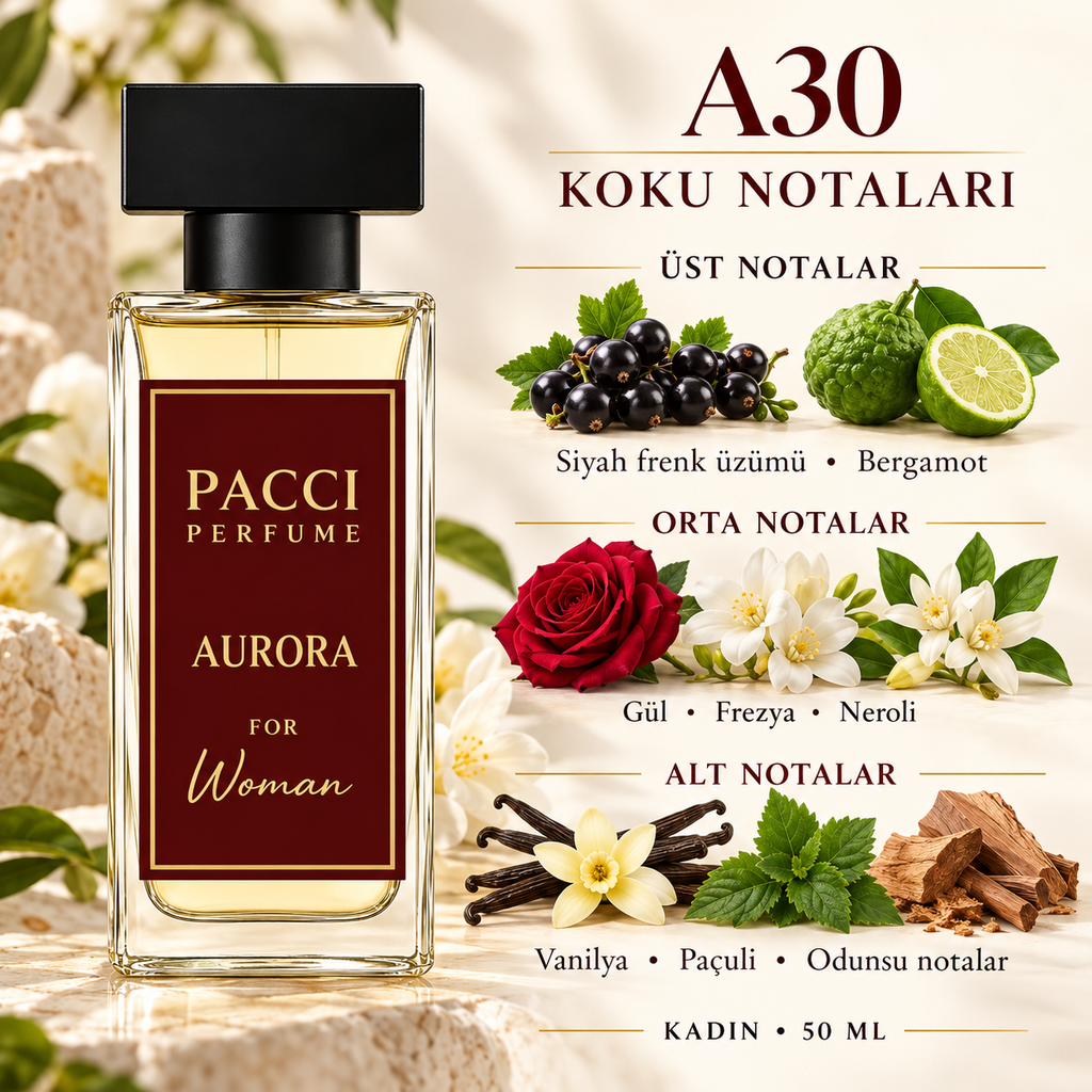 PACCI A30 kadın parfümü – frenk üzümü, gül ve paçuli notaları