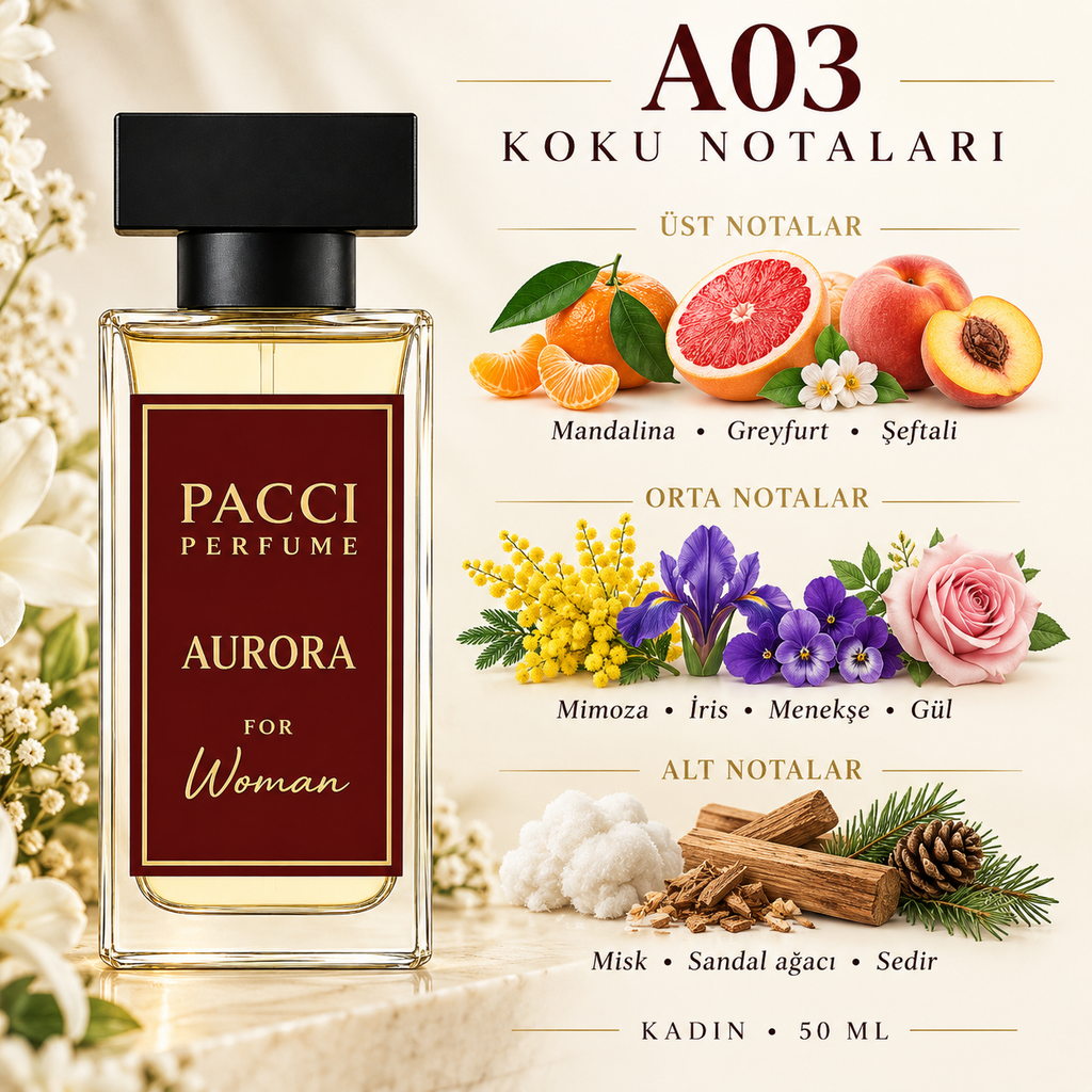 PACCI A03 kadın parfümü – mandalina, şeftali çiçeği ve sedir notaları