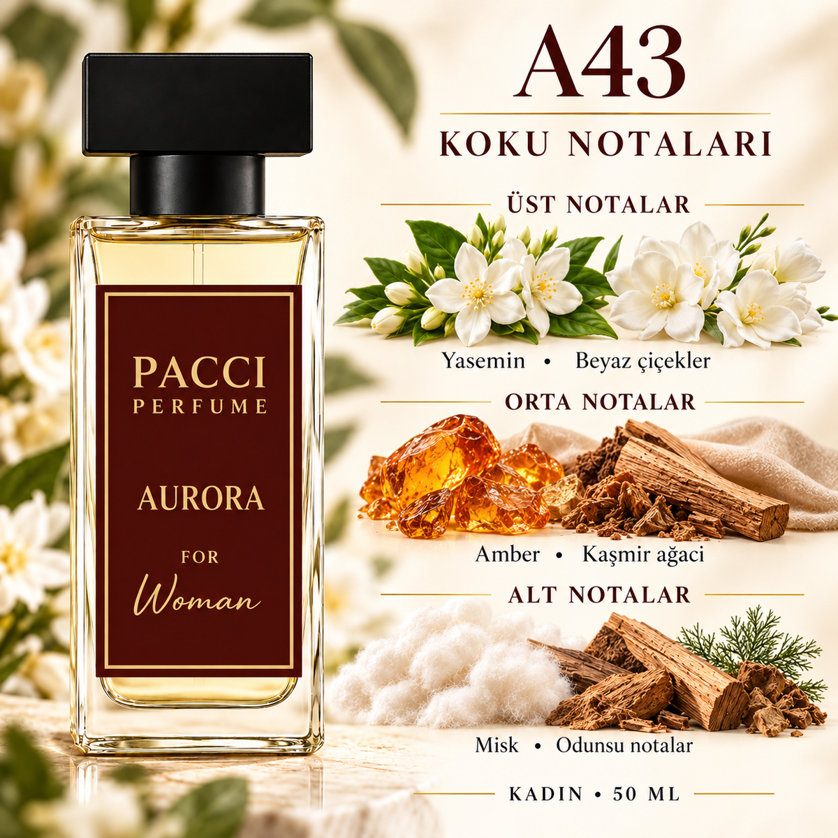 PACCI A43 kadın parfümü – yasemin, kaşmeran ve beyaz amber notaları