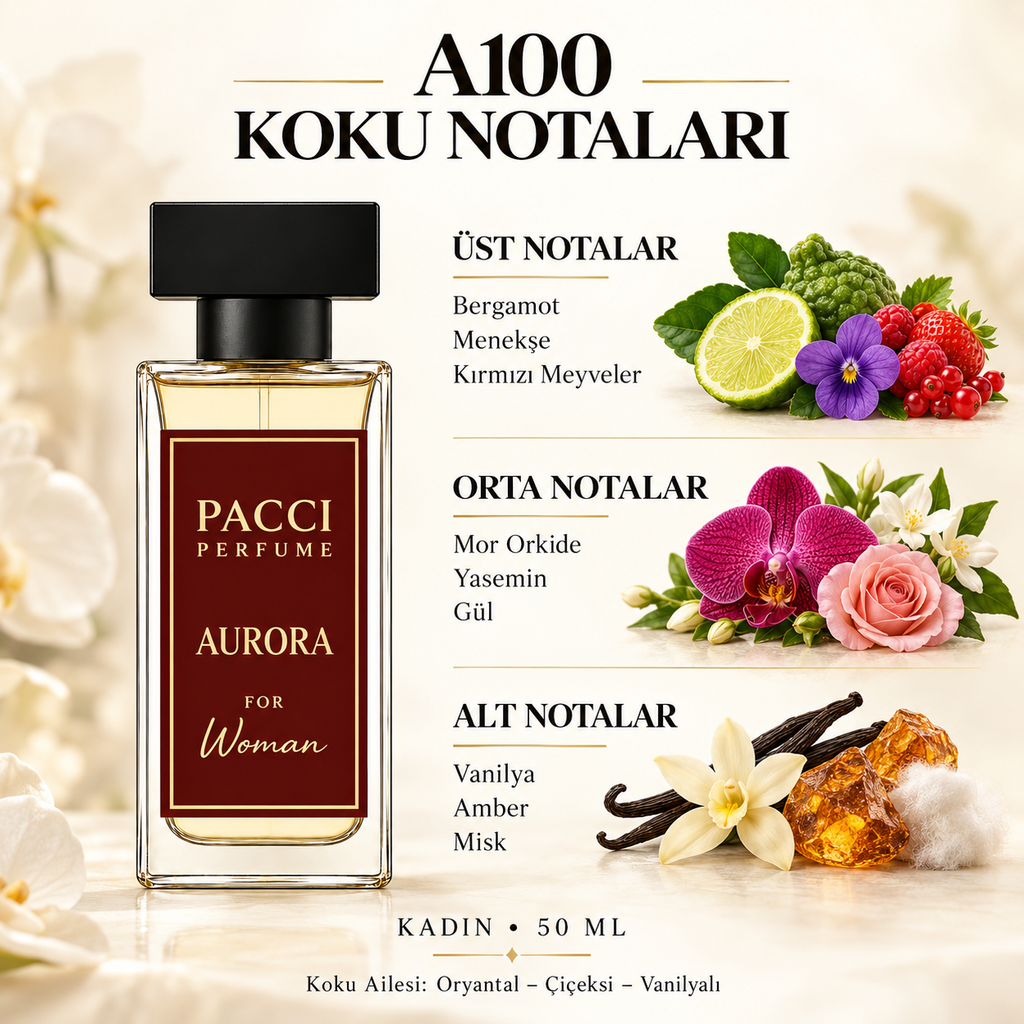 PACCI A100 kadın parfümü – frenk üzümü, orkide ve paçuli notaları