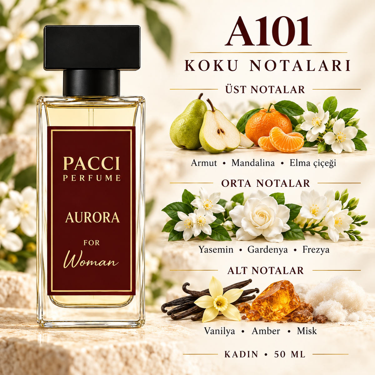 PACCI A101 kadın parfümü – armut, gardenya ve siyah vanilya notaları