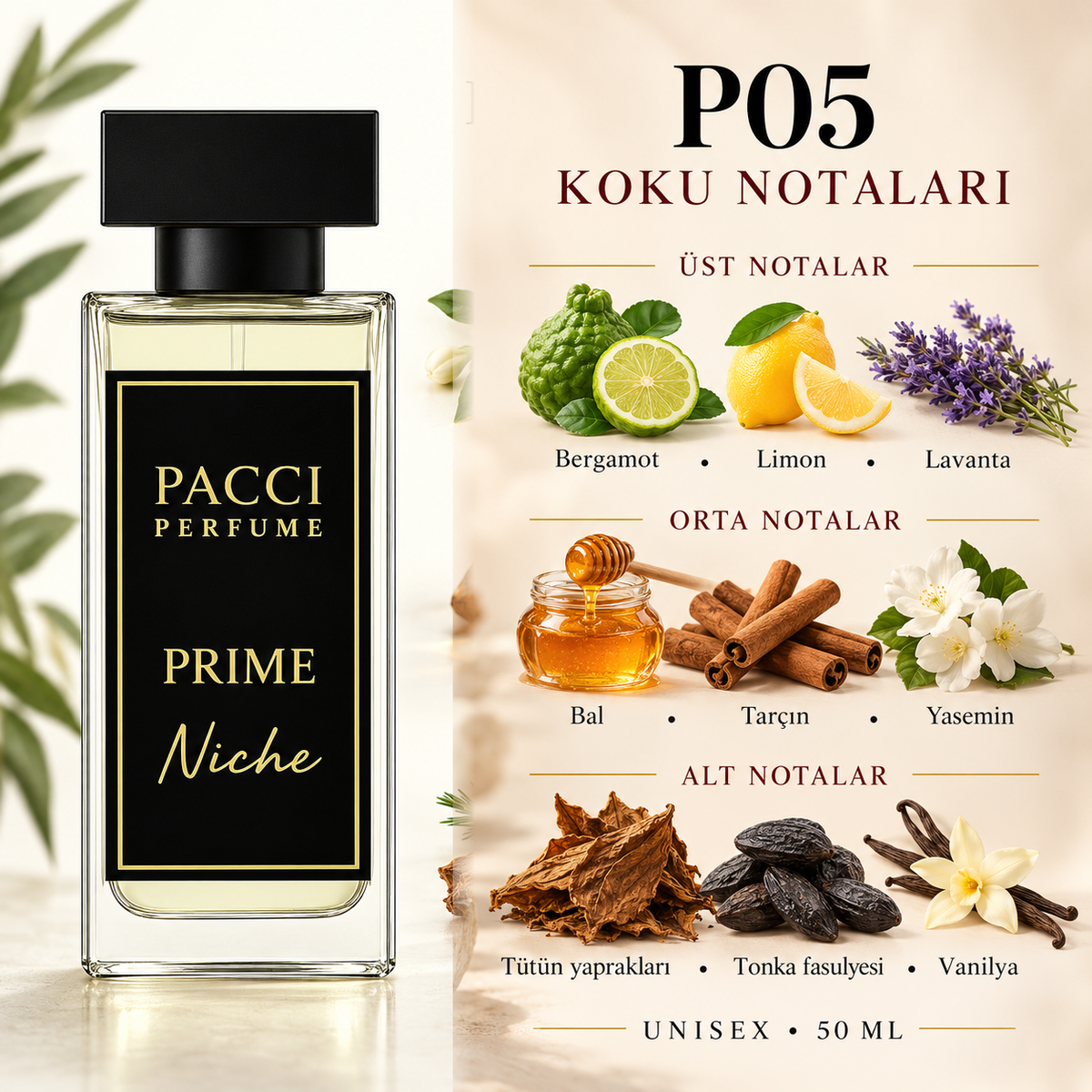 PACCI P05 niche unisex parfüm – lavanta, bal ve tütün notaları