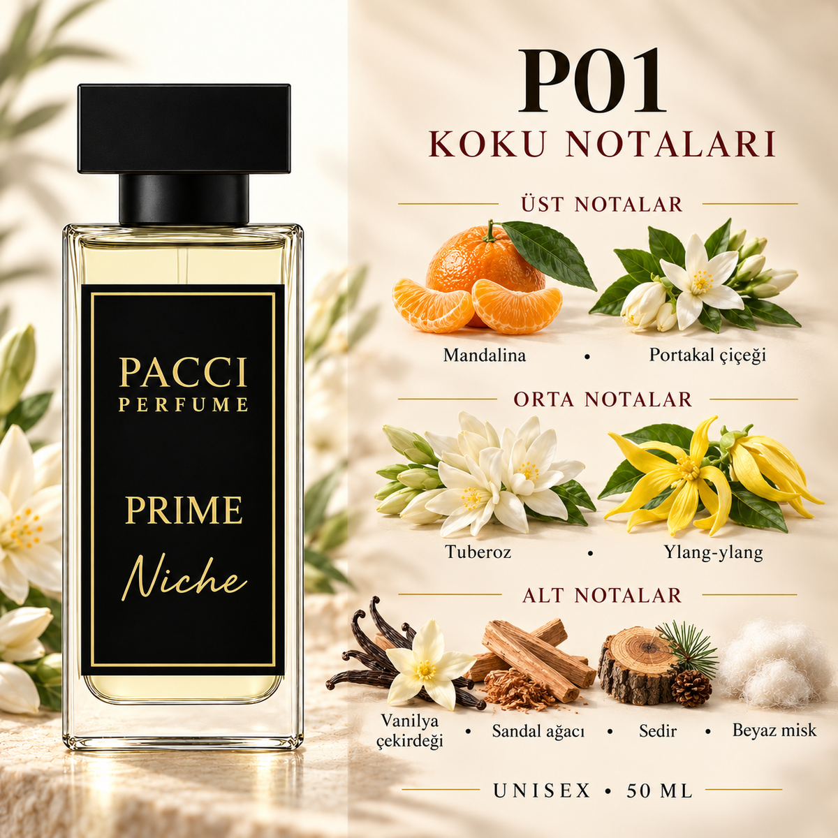 PACCI P01 niche unisex parfüm – portakal çiçeği, sümbülteber ve vanilya notaları