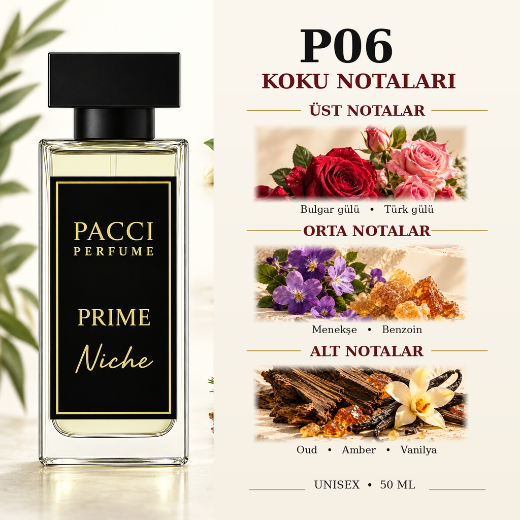 PACCI P06 niche unisex parfüm – Damask gülü, oud ve vanilya notaları