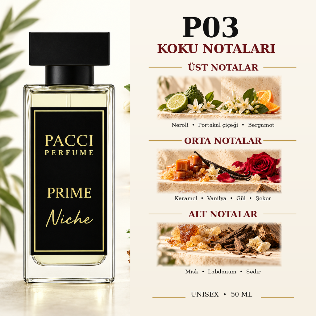 PACCI P03 niche unisex parfüm – neroli, gül ve marshmallow notaları
