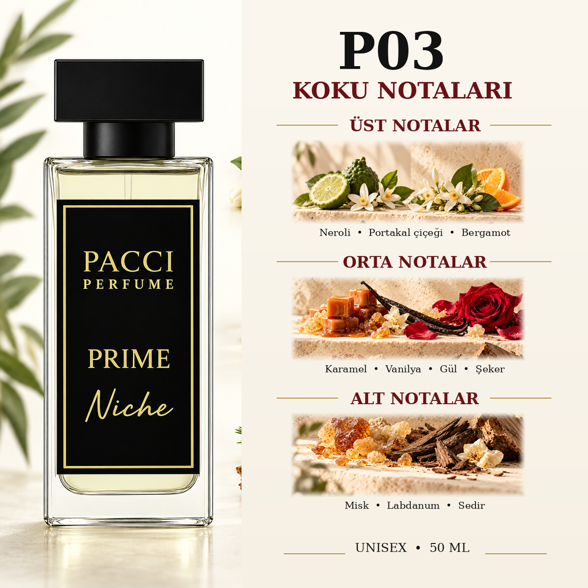 PACCI P03 niche unisex parfüm – neroli, gül ve marshmallow notaları