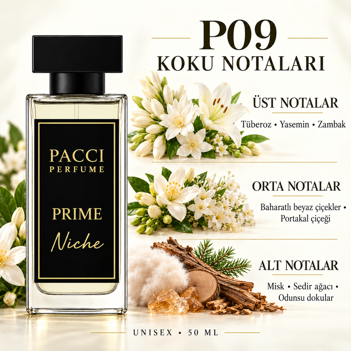 PACCI P09 niche unisex parfüm – sümbülteber, yasemin ve zambak notaları