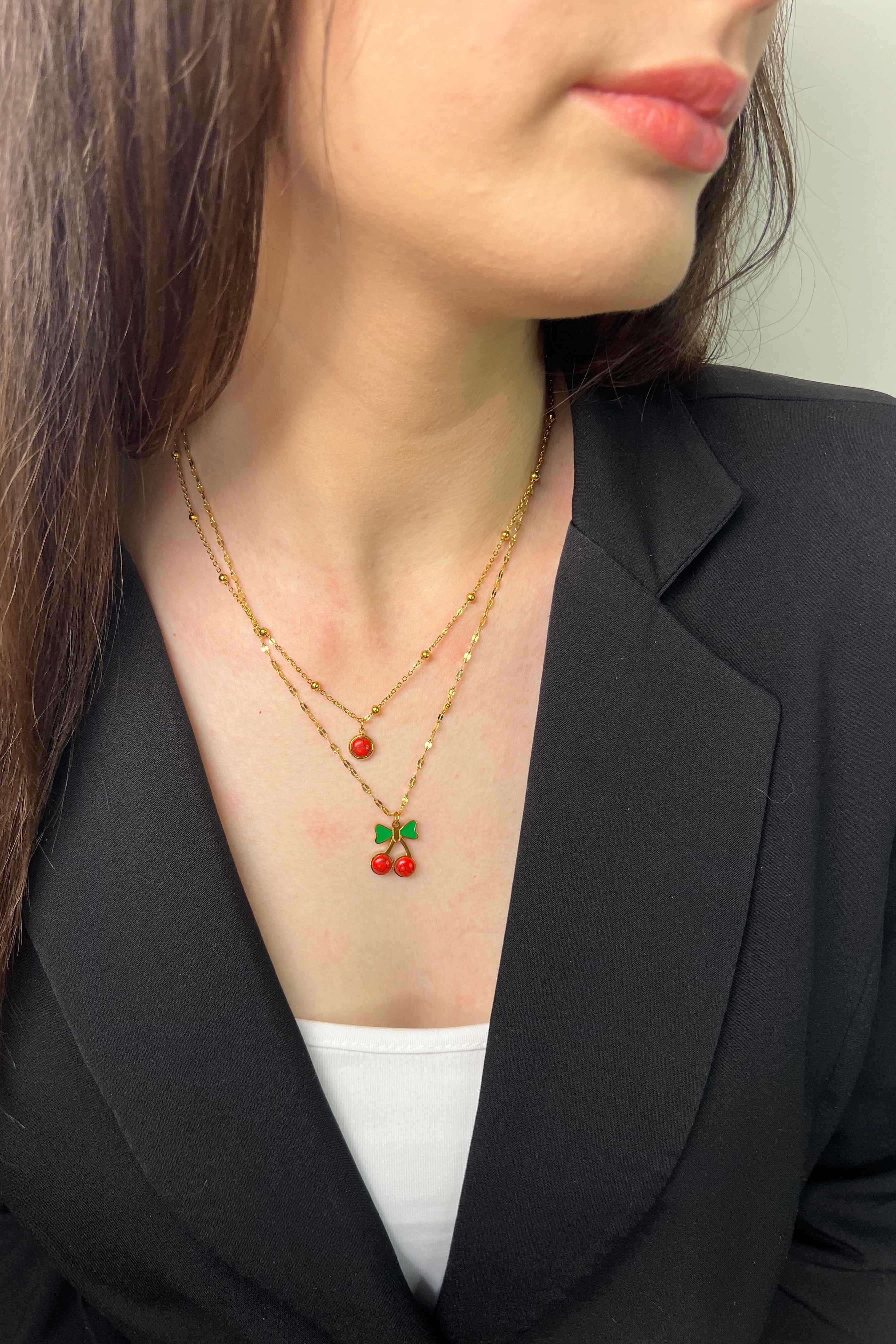 Retro Kiraz İkili Luxe Kolye