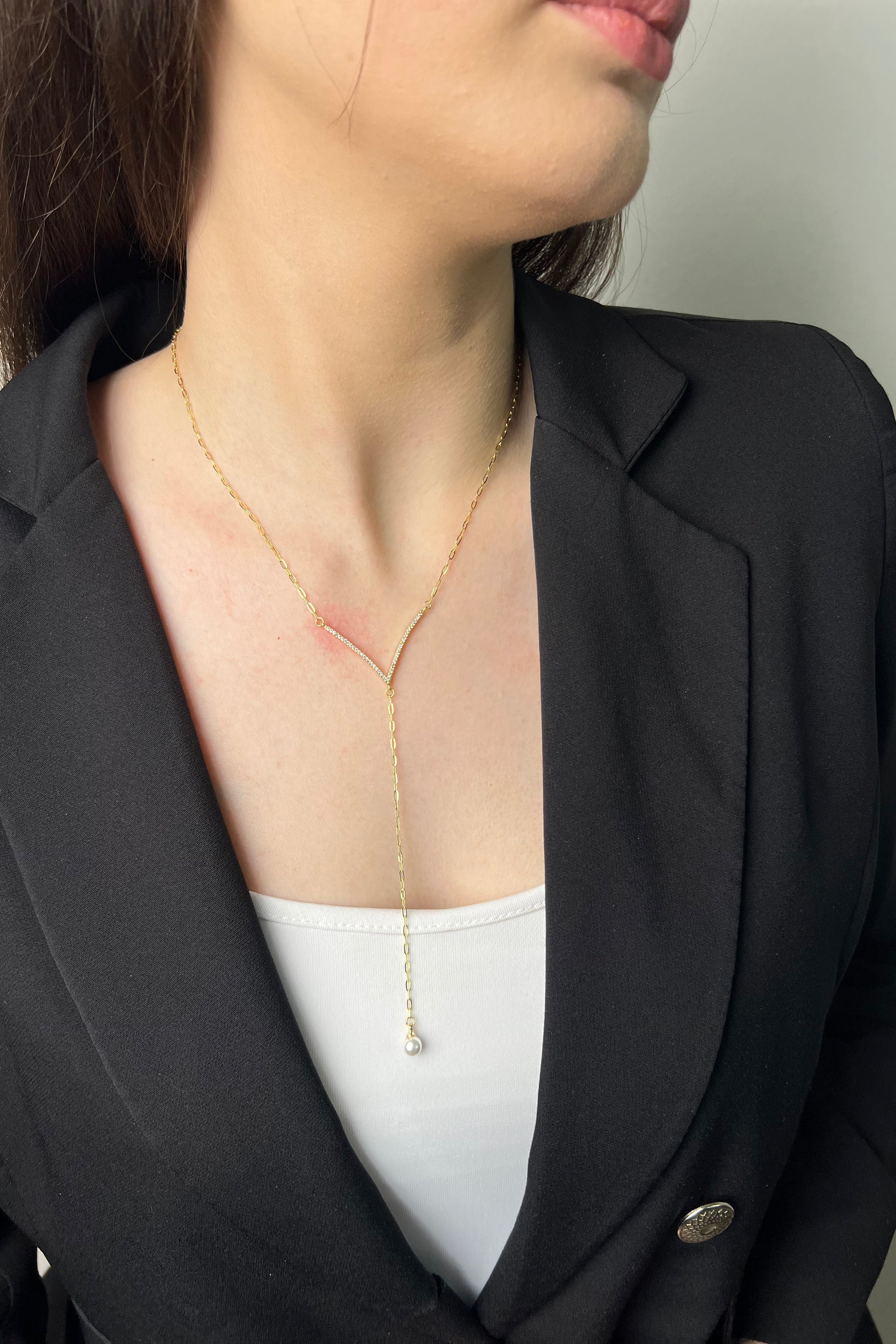 İnci Akışı 14K Luxe Y Kolye